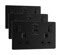 BG Electrical 22W Double Switched Power Wall Plug Socket with Fast Charge Type A and C USB Ports, Screwless, Flatplate, Matt Black, 13A, FFB22UAC22B (Pack of 3)