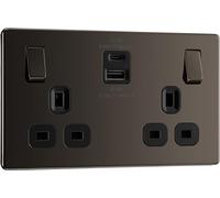 BG Electrical Double Switched Power Wall Plug Socket with Fast Charge Type A and C USB Ports, Screwless, Flatplate, Black Nickel, 13A, 22W, FBN22UAC22B