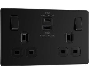 BG Electrical 22W Double Switched Power Wall Plug Socket with Fast Charge Type A and C USB Ports, Screwless, Flatplate, Matt Black, 13A, FFB22UAC22B