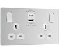 BG Electrical 22W Double Switched Power Wall Plug Socket with Fast Charge Type A and Type C USB Charging Ports, Evolve, Brushed Steel, 13A, PCDBS22UAC22W