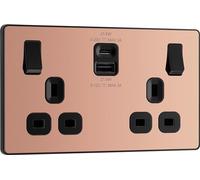 BG Electrical 22W Double Switched Power Wall Plug Socket with Fast Charge Type A and Type C USB Charging Ports, Evolve, Polished Copper, 13A, PCDCP22UAC22B