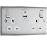 BG NBS22UAC22W Nexus Metal 13A Double Switched Power Socket + USB A+C (22W) - Brushed Steel + White Insert