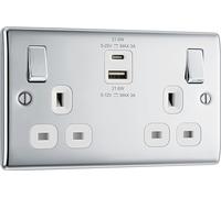 BG Electrical 22W Double Switched Wall Plug Socket with Fast Charge Type A & C USB Charging Ports, Nexus Metal, Polished Chrome, Black Inserts, 13A, NPC22UAC22B