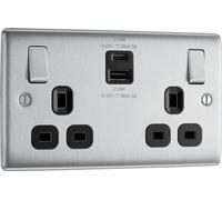 BG Electrical Double Switched Wall Plug Socket with Fast Charge Type A & C USB Charging Ports, Nexus Metal, Brushed Steel, Black Inserts, 13A, 22W, NBS22UAC22B