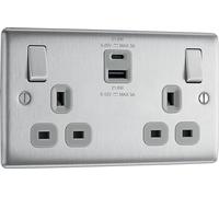 BG NBS22UAC22G Nexus Metal 13A Double Switched Power Socket + USB A+C (22W) - Brushed Steel + Grey Insert