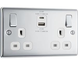 BG Electrical 22W Double Switched Wall Plug Socket with Fast Charge Type A & C USB Charging Ports, Nexus Metal, Polished Chrome, Black Inserts, 13A, NPC22UAC22B