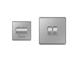 BG Electrical 3-Pole Fan Isolator Switch, Brushed Steel, 2-Way, 10AX & fbs42 Screwless Flat Plate Double Light Switch, Brushed Steel, 2-Way, 10AX