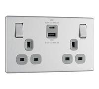 BG Electrical 45W Double Switched Power Wall Plug Socket with Super Fast Charge Type A and C USB Ports, Screwless, Flatplate, Brushed Steel, Grey Inserts, 13A, FBS22UAC45G