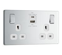 BG Electrical 45W Double Switched Power Wall Plug Socket with Super Fast Charge Type A and C USB Ports, Screwless, Flatplate, Polished Chrome, White Inserts, 13A, FPC22UAC45W