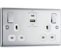 BG Electrical Double Switched Power Wall Plug Socket with Super Fast Charge Type A and Type C USB Ports, Nexus Metal, Polished Chrome, 13A, 45W, NPC22UAC45W