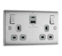 BG NBS22UAC45G Nexus Metal 13A Double Switched Power Socket + USB A+C (45W) - Brushed Steel + Grey Insert