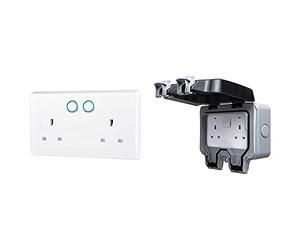 BG Electrical 822/HC-01 Smart Power Socket, Alexa Compatible Double 13 Amp, White Moulded & WP22-01 Double Weatherproof Outdoor Switched Power Socket, IP66 Rated, 13 Amp, Grey