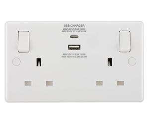 BG ELECTRICAL 822UAC30 Double Wall Socket with USB Type-C & USB - White
