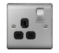 BG Electrical Bg Nexus Metal Brushed Steel Double 1 Gang Plug Socket Black Insert 13A - Nbs21B