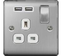 BG Electrical Bg Nexus Metal Single 1 Gang Plug Socket With 2 X Usb Outlet White Insert 13A