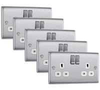 BG Electrical Bg Nexus Nbs22W 13A Switched Double Plug Socket 2 Gang Metal Power Outlet With Brushed Steel Finish & White Inserts - Pack Of 5