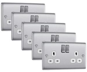 BG Electrical Bg Nexus Nbs22W 13A Switched Double Plug Socket 2 Gang Metal Power Outlet With Brushed Steel Finish & White Inserts - Pack Of 5