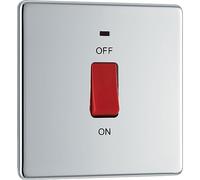 BG Electrical Cooker Control Switch Unit with LED Power Indicator, Single Plate, Double Pole, Flatplate Screwless, Polished Chrome, 45A, FPC74