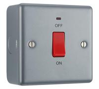 BG Electrical Cooker Switch with LED Power Indicator, Single Plate, Double Pole, Industrial Flat Profile, Scratch Resistant Steel, Metal Clad, Grey, 45A, MC574