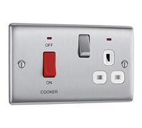 BG Electrical Cooker Switch with Socket and LED, Cooker Control Unit, Control Socket, Double Pole, Raised Profile, Round Edges, Nexus Metal, Brushed Steel, White Inserts, 45A, NBS70W