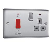 BG Electrical Cooker Switch with Socket and LED, Cooker Control Unit, Control Socket, Double Pole, Raised Profile, Round Edges, Nexus Metal, Brushed Steel, Grey Inserts, 45A, NBS70G