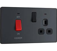 BG Electrical Cooker Switch with Socket and LED, Cooker Control Unit, Control Socket, Double Pole, Screwless Front Plate, Evolve, Matt Grey, 45A, PCDMG70B