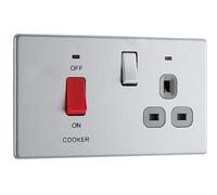 BG Electrical Cooker Switch with Socket and LED, Cooker Control Unit, Control Socket, Double Pole, Screwless Front Plate, Slim Profile, Premium Flatplate, Brushed Steel, Grey Inserts, 45A, FBS70G