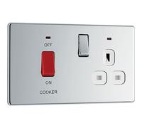 BG Electrical Cooker Switch with Socket and LED, Cooker Control Unit, Control Socket, Double Pole, Screwless Front Plate, Slim Profile, Premium Flatplate, Polished Chrome, White Inserts, 45A, FPC70W