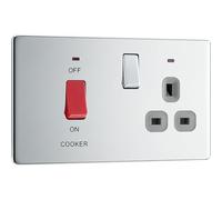 BG Electrical Cooker Switch with Socket and LED, Cooker Control Unit, Control Socket, Double Pole, Screwless Front Plate, Slim Profile, Premium Flatplate, Polished Chrome, Grey Inserts, 45A, FPC70G