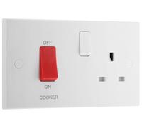 BG Electrical Cooker Switch with Socket, Cooker Control Unit, Control Socket, Double Pole, Square Edges, Nexus 900 Series, White Moulded, Square Edge, 45A, 971