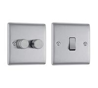 BG Electrical Double Dimmer Intelligent Light Switch, Brushed Steel, 2-Way & NBS12-01 Single Light Switch, Brushed Steel, 2-Way, 16AX