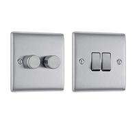 BG Electrical Double Dimmer Intelligent Light Switch, Brushed Steel, 2-Way & NBS42-01 Double Light Switch, Brushed Steel, 2-Way, 10AX