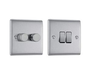 BG Electrical Double Dimmer Intelligent Light Switch, Brushed Steel, 2-Way & NBS42-01 Double Light Switch, Brushed Steel, 2-Way, 10AX