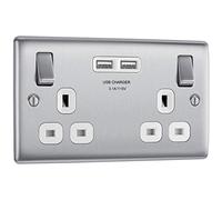 BG nbs22u3w Electrical Double Switched Fast Power Socket with Two USB Charging Ports, 13 Amp, Brushed Steel, Label ‘1'
