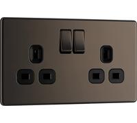 BG Screwless Flatplate Black Nickel Double Switched 13A Power Socket - Black Insert - FBN22B