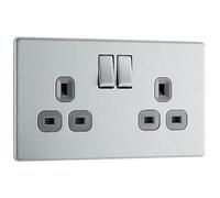 BG Screwless Flatplate Brushed Steel Double Switched 13A Power Socket - Grey Insert - FBS22G