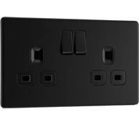 BG Electrical Double Switched Power Plug Wall Socket, Flatplate Screwless, Matt Black, 13A, FFB22B