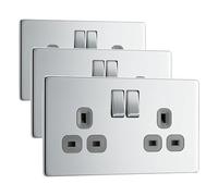 BG Electrical Double Switched Power Plug Wall Socket, Flatplate Screwless, Polished Chrome, Grey Inserts, 13A, FPC22G (Pack of 3)