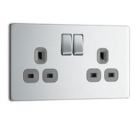 BG FPC22G Flatplate Screwless Double Socket 13A - Grey Insert - Polished Chrome
