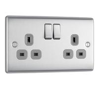 BG Nexus Metal Brushed Steel Double Switched 13A Power Socket - Grey Insert - NBS22G