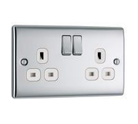 BG Electrical Double Switched Power Plug Wall Socket, Nexus Metal, Polished Chrome, White Inserts,13A, NPC22W