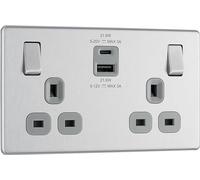 BG Electrical Double Switched Power Wall Plug Socket with Fast Charge Type A and C USB Ports, Screwless, Flatplate, Brushed Steel, Grey Inserts, 13A, 22W, FBS22UAC22G