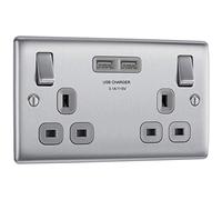 Nexus Metal Brushed Steel Double Switched 13A Power Socket With Usb Charging - 2X Usb Sockets (3.1A) NBS22U3G-01