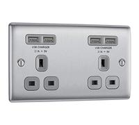 BG Nexus Metal Brushed Steel 2 Gang Plug Socket with 4 x USB Outlets Outlet Grey Insert 13A - NBS24U44G