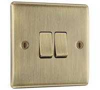 BG Electrical Double Wall Light Switch, 2 Way, Raised and Slim Profile, Round Edges, Nexus Metal, Antique Brass, 20A, 16AX, NAB42