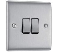 BG Electrical Double Wall Light Switch, 2 Way, Raised and Slim Profile, Round Edges, Nexus Metal, Brushed Steel, 20A, 16AX, NBS42