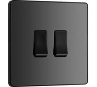 BG Electrical Double Wall Light Switch, 2 Way, Screwless Front Plate, Round Edges, Evolve, Black Chrome, 20A, 16AX, PCDBC42B