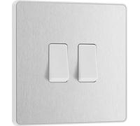 Evolve Brushed Steel (White) Double Light Switch 20A 16Ax 2 Way PCDBS42W-01