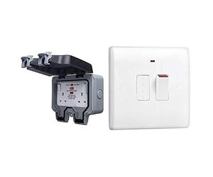 BG Electrical Double Weatherproof Outdoor Switched Power Socket with Latching RCD, IP66 Rated, 13 Amp & Electrical Switched Fused Connection Unit with a Power Indicator, 13 Amp, White
