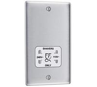 BG Electrical Dual Voltage Shaver Plug Socket, Electric Toothbrush Charger Socket, Bathroom, Raised and Slim Profile, Round Edges, Nexus Metal, 2-Pin, Brushed Steel, White Inserts, 115V / 240V, NBS20W
